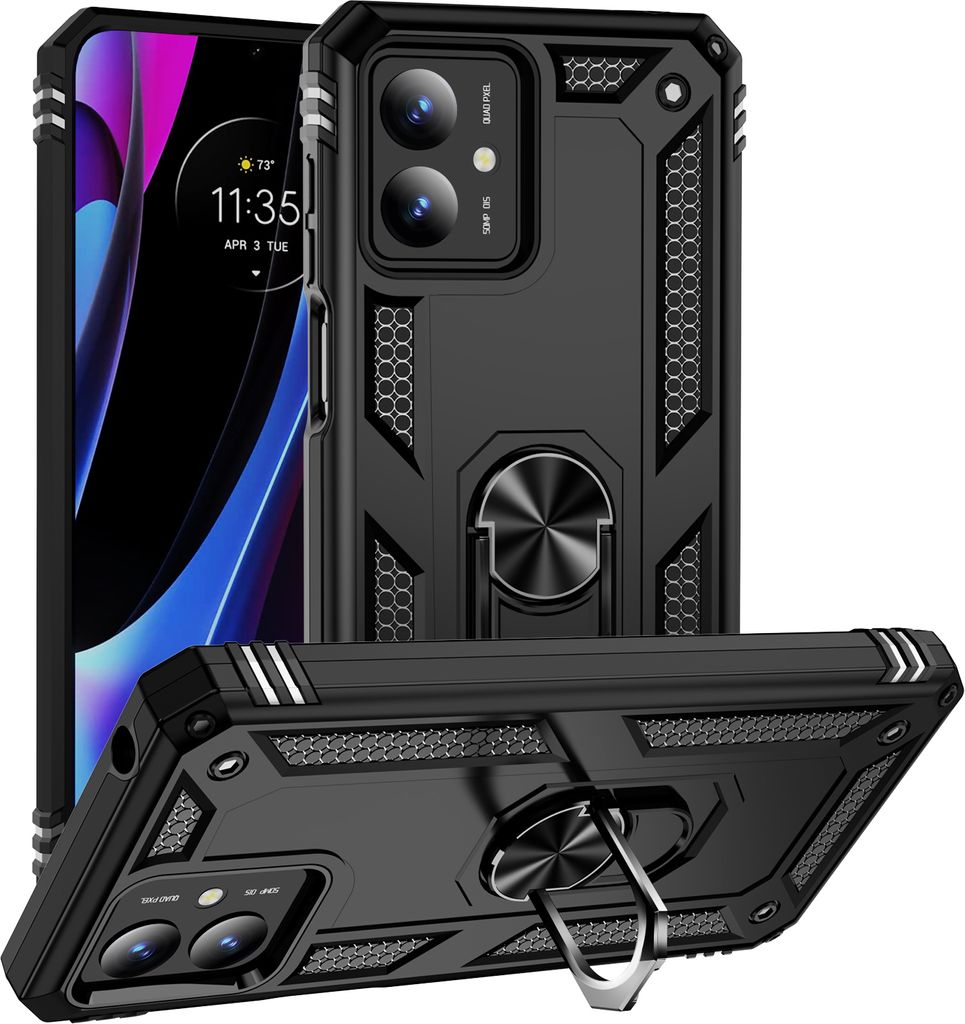 Schutzhülle für Motorola Moto G14 Dual Layer Robust Militäre Fallschutz Hülle mit Ringhalterung Ständer Schwarz