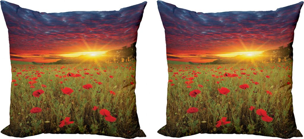 ABAKUHAUS Blume Kissenbezug Set (2Stück), Wiese Poppies Himmel, doppelseitiges Digitaldruckdekor mit Reißverschluss, 50 cm, Grüner Scarlet Kadet...