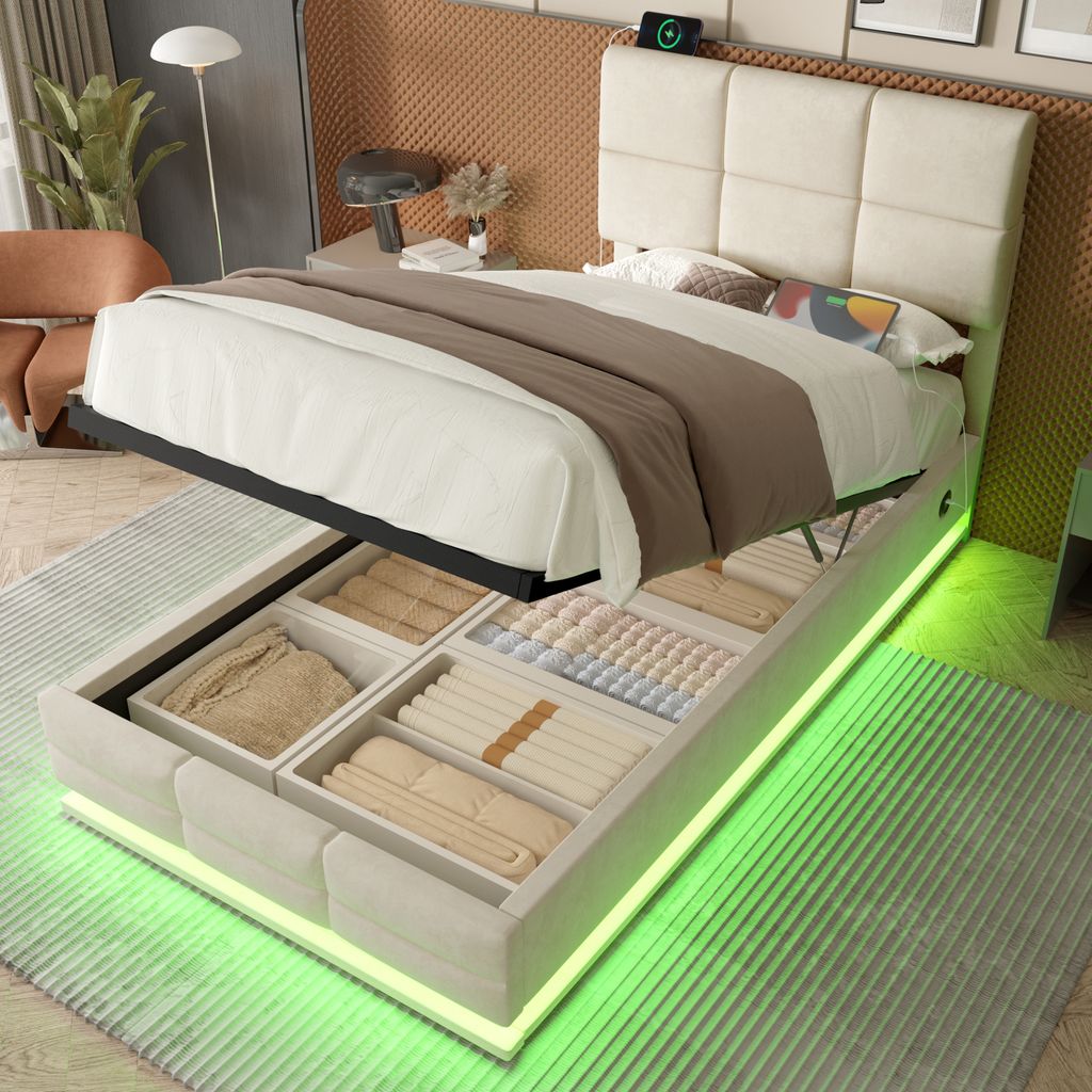 LVHOM Polsterbett 90x200cm mit LED und USB, Einzelbett mit Hydrauliksystem, Stauraumbett Samtstoff, Bettgestell Massiv, Boxspringbett, Beige