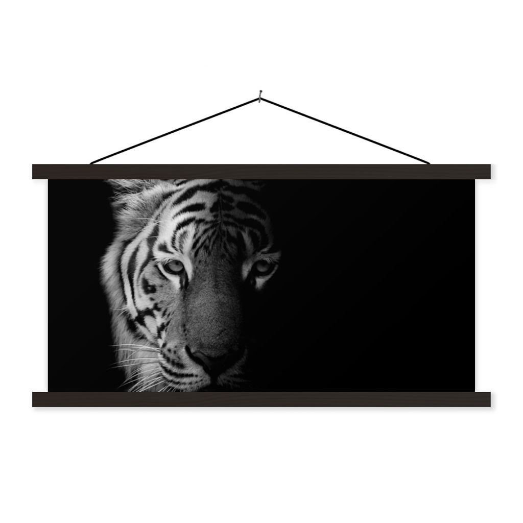 MuchoWow Textilposter Tiger - Tiere - Wild - Schwarz - Weiß 60x30 cm mit schwarzem Rahmen - Textilien