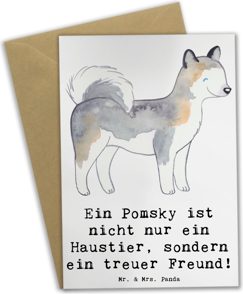 Mr. & Mrs. Panda Grußkarte Pomsky Freund - Weiß - Geschenk, Hunderassen, intelligenter Hund, Pflege, Begleiter, hochzeitskarten, Grußkarten, Fam...