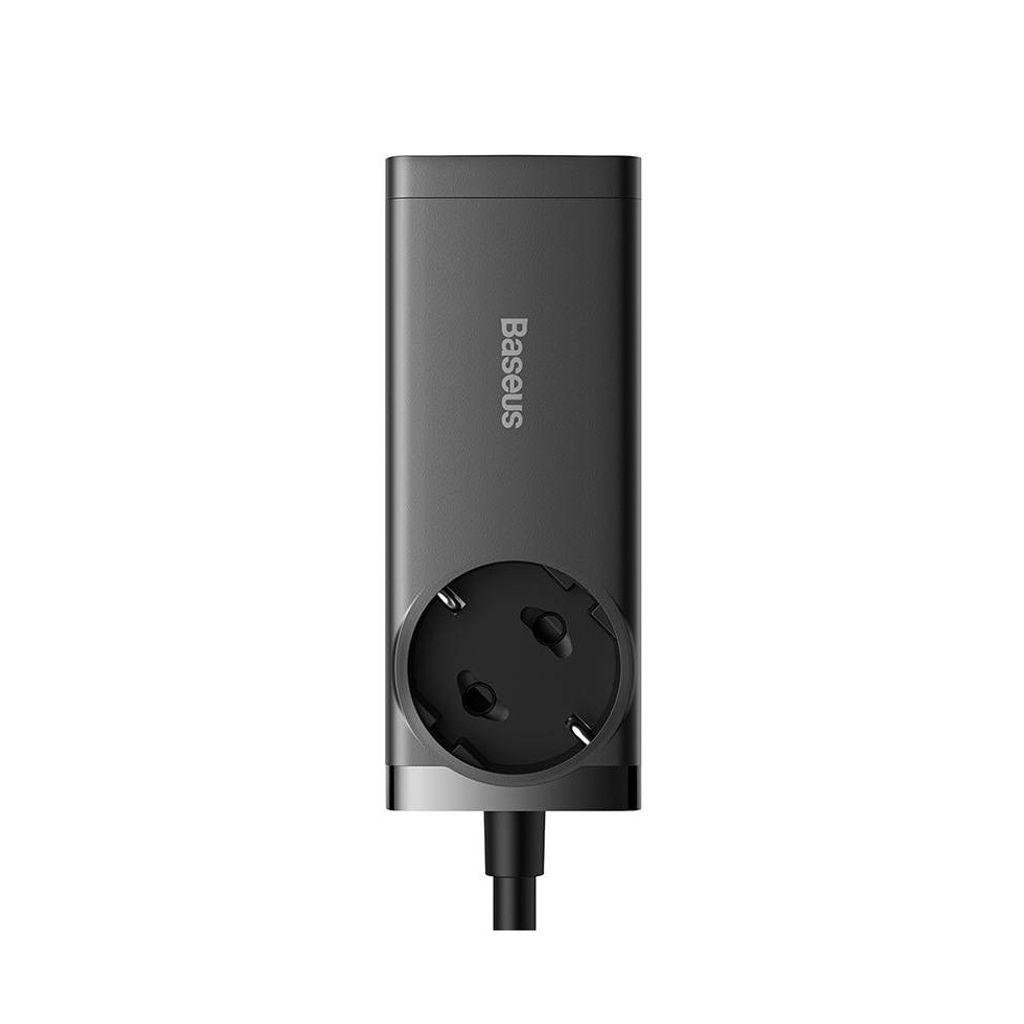 A product shot of a black and gray power adapter with multiple ports.