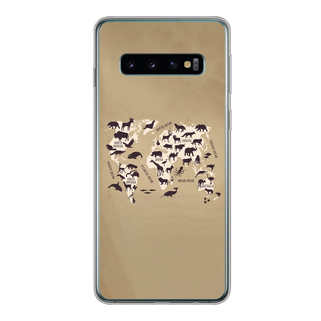 MuchoWow Handyhülle Schutzhülle Hülle für Samsung Galaxy S10 Weltkarte - Tiere - Braun Silikon Softcase Handy Hülle - Handytasche