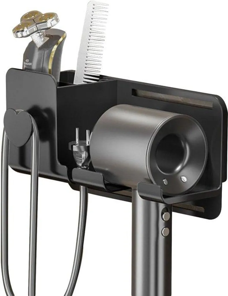 Porte-sèche-cheveux en aluminium avec double étagère de rangement noire