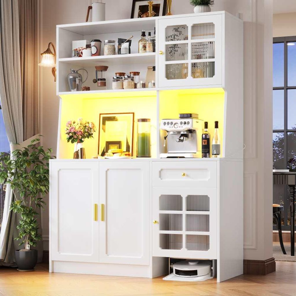 Moderner Küchenschrank mit Glastüren, LED-Beleuchtung, hoher Stauraum und Sideboard-Funktion, für Küche,130x45x180 cm,Weiß