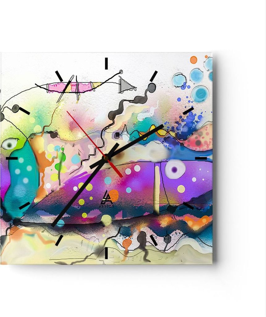 Wanduhr - Quadrat - Glasuhr - Fisch Abstraktion - 40x40cm - Schleichendes Uhrwerk - Lautlos - zum Aufhängen bereit - Dekoration Modern - Wanddekor...