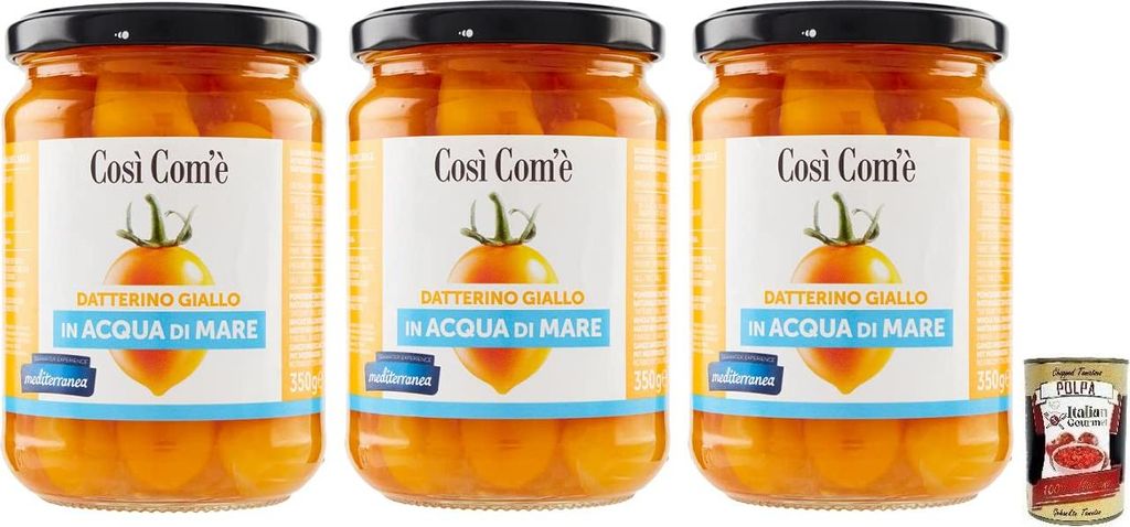 3x Così Com'è Datterino Giallo,Gelbe Datterino-Tomate im Meerwasser,Italienische Tomaten, 350g Glas + Italian Gourmet Polpa di Pomodoro 400g Dose