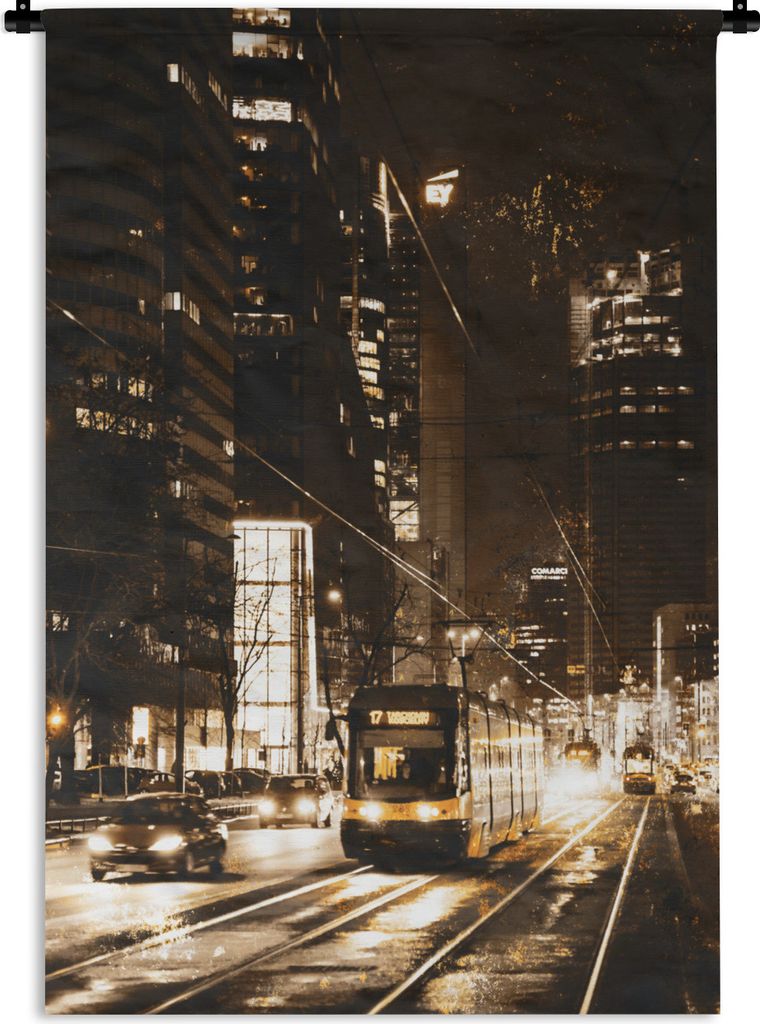 MuchoWow Wandteppich Wandbehang Straßenbahn - Straße - Gold 90x135 cm Tapisserie Dekoration Wandtuch - Baumwolle - Wandskulptur