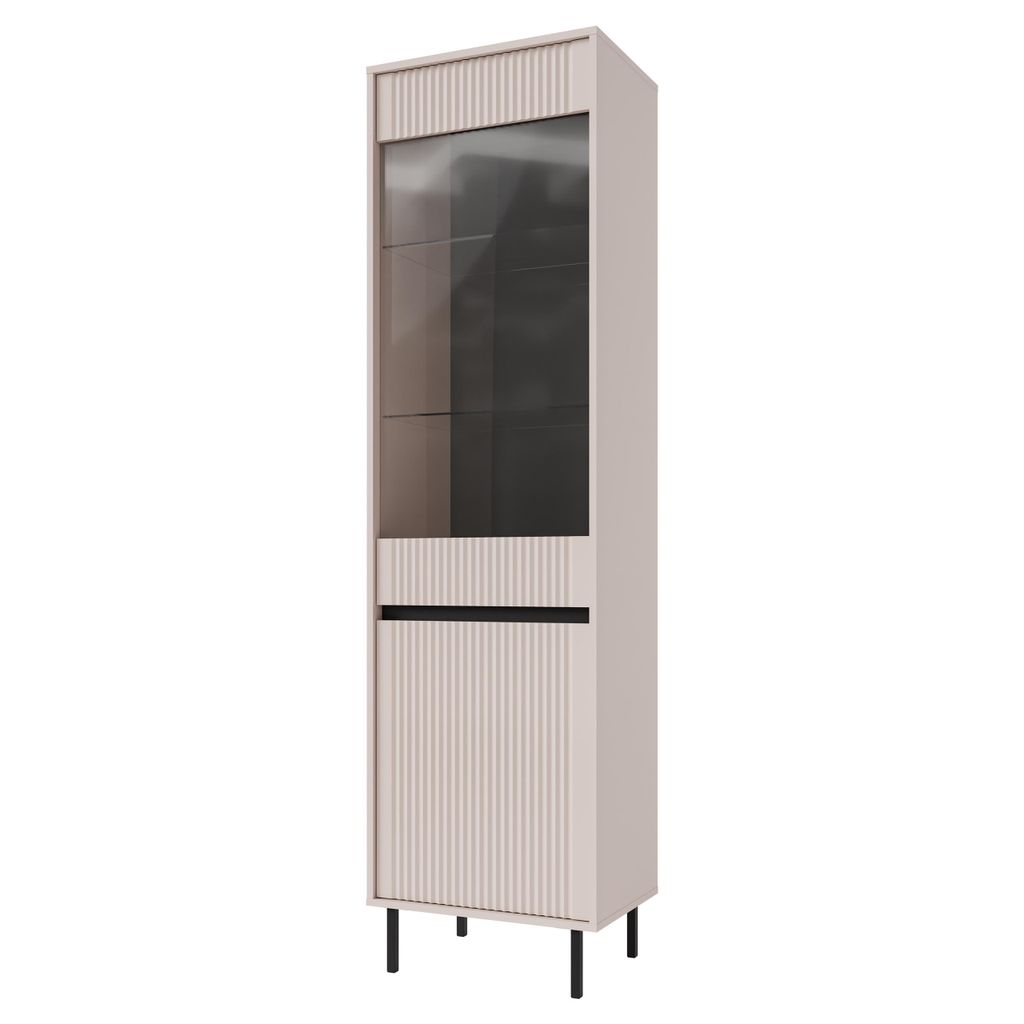 Masseno Vitrinenschrank OSTIA 205 x 55,8 cm Modern Wohnzimmer Vitrine mit Tür Beige / Beige