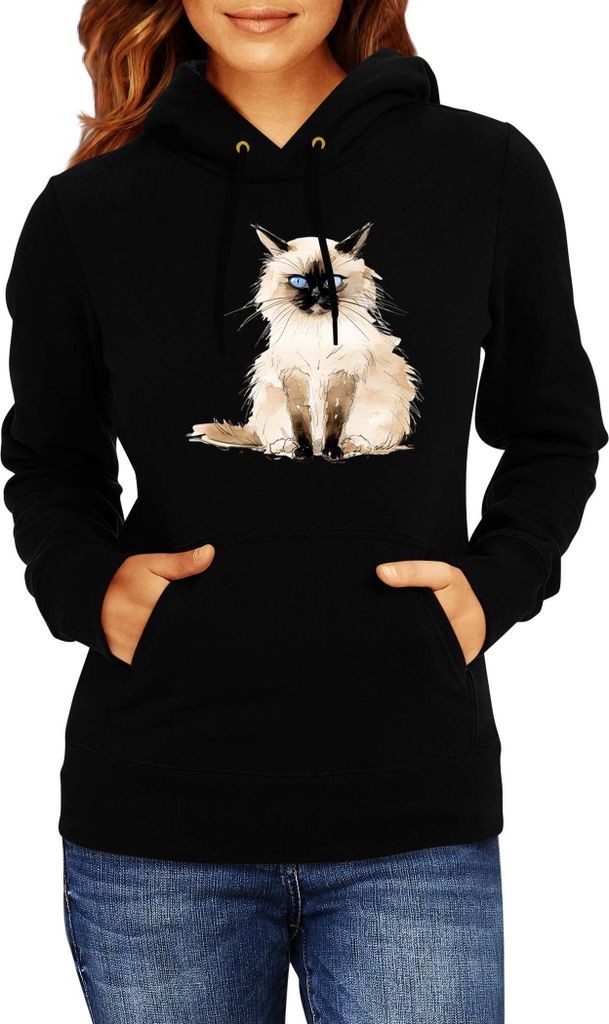Damen Kapuzenpullover Funny Cats Breeds Birman Cat 012, Lady XL / Schwarz