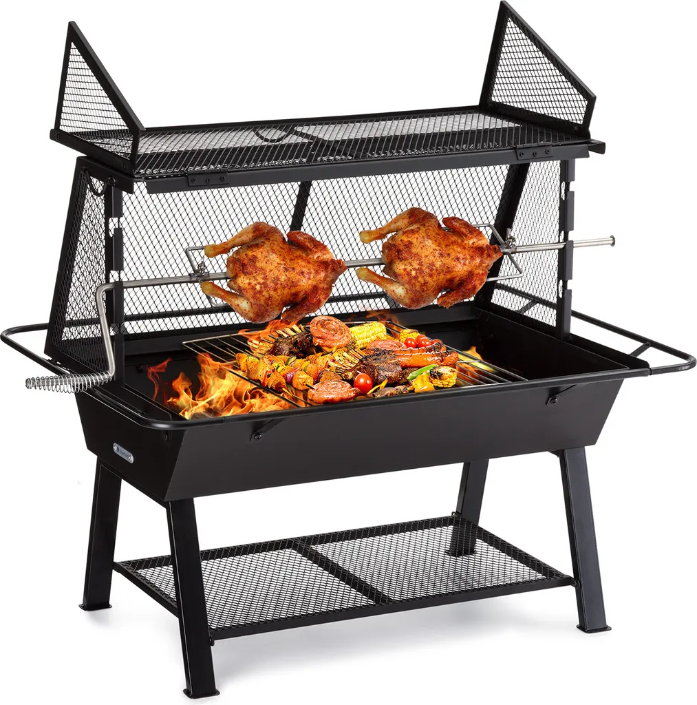 Barbecue Charbon de Bois avec Rôtissoire Manuelle et Gril Intégré Inox