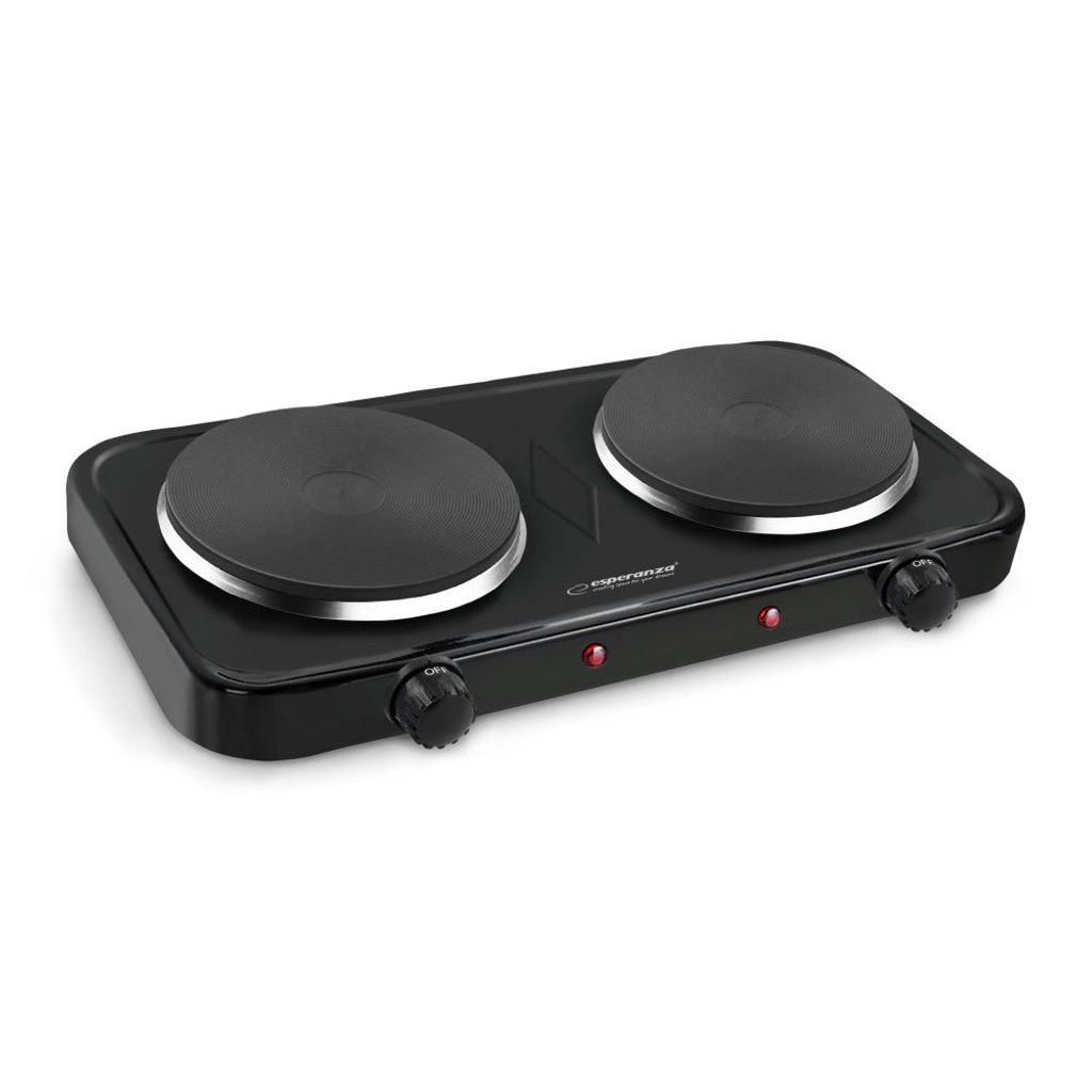 A black double electric hot plate on a white background.