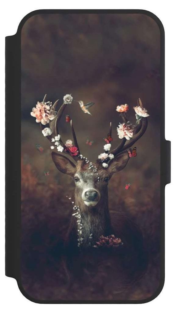 NIVOCASE Klapphülle für Apple iPhone 14 Handyhülle aus Kunst Leder NIVOflip schwarz Blumen Rehe Rentier