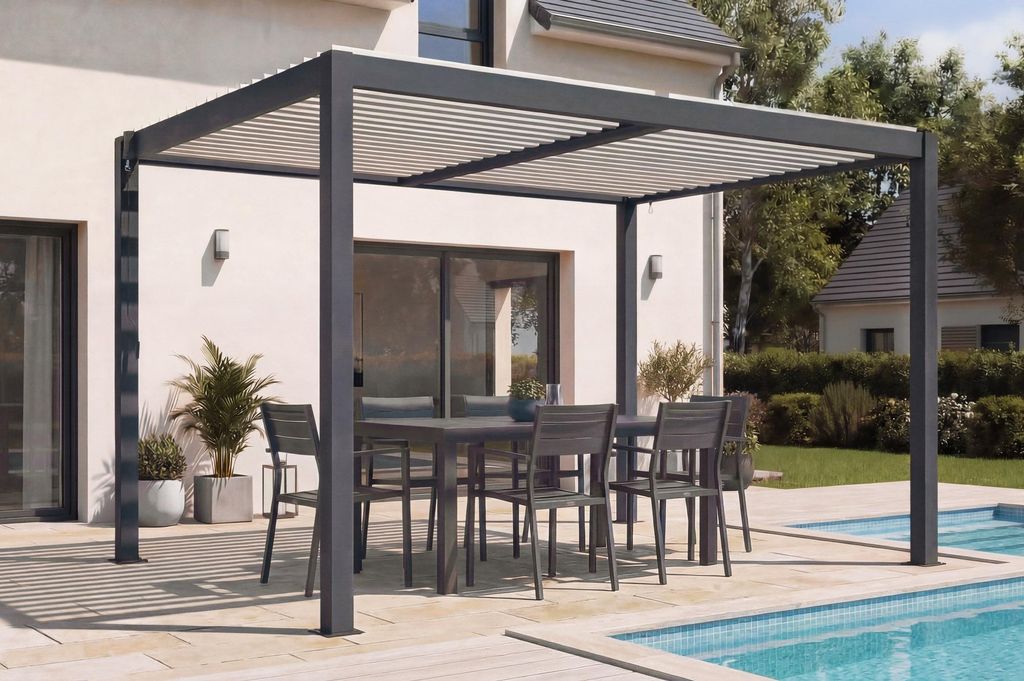 AGOSTA 4x3 freistehende, bioklimatische Pergola, 250 cm hoch - Graues Aluminium mit weißen Lamellen