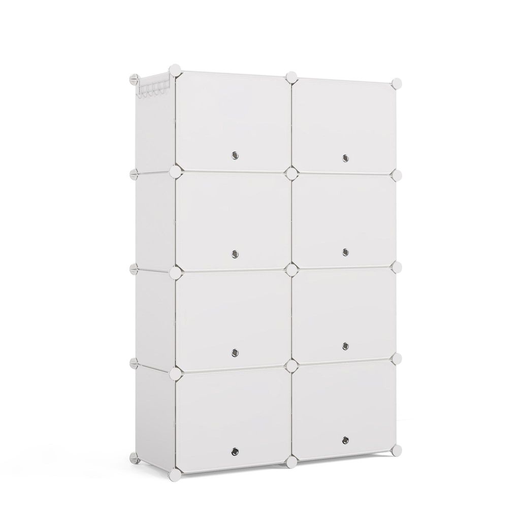 A white modular shoe rack with 8 cubbies, shown against a white background.