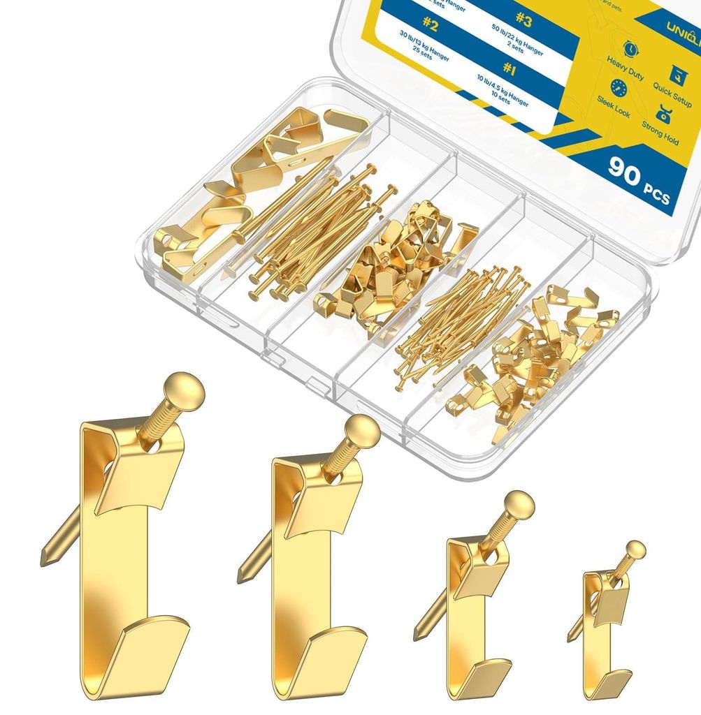 90-teiliges Set zum Aufhängen von Bildern, 4,5 kg, 13 kg, 22 kg, 45 kg. Stabile Aufhängehaken für Gipskarton und Holz, Aufhängehaken für Gemä...