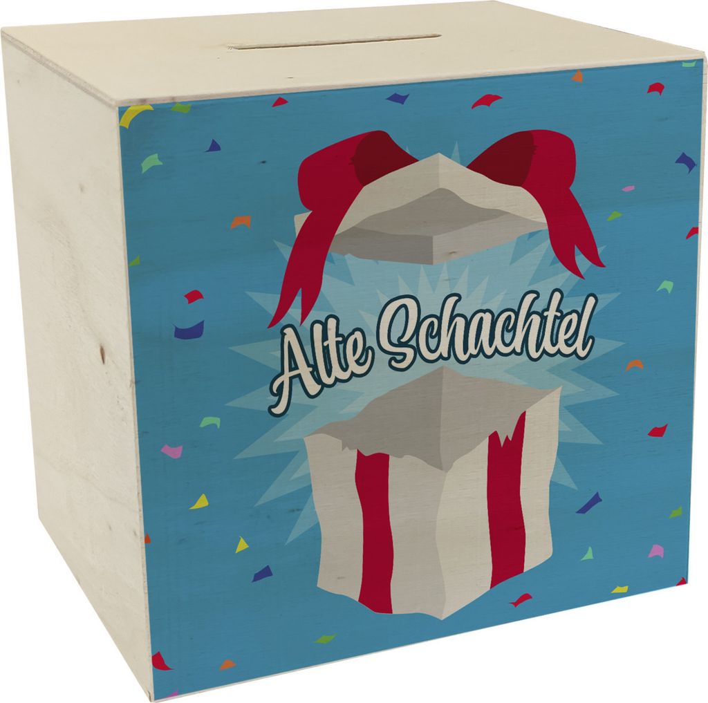 Alte Schachtel Spardose aus Holz mit Geburtstagsgeschenk-Motiv