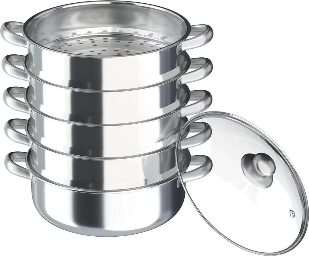 Dampfgarer - Mehrstöckiger Topf - 30 cm - Edelstahl - Glasdeckel - Über 4 Ebenen