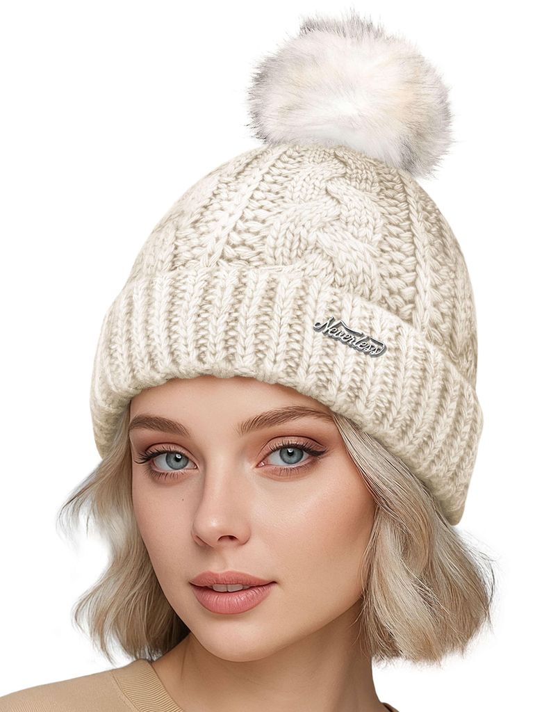 Damen Wintermütze mit Fleece Gefüttert Warm & Winddicht Strickmütze Bommelmütze Model 1980 Neverless