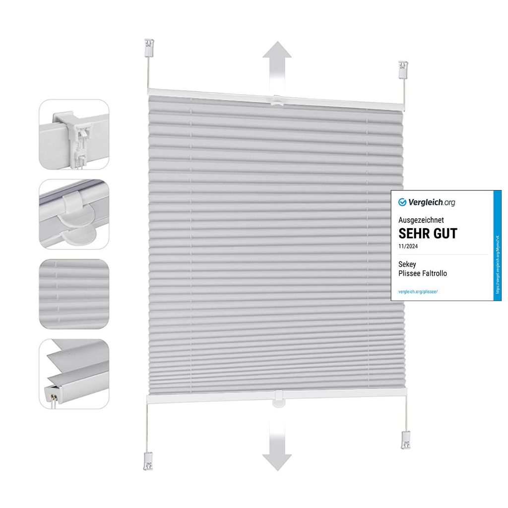 A light gray pleated blind (Rollo) is shown against a white background. Several close-up detail shots of the mounting hardware and the pleats are displayed on the left side of the image. A review badge from 'Vergleich.org' is present on the right side.