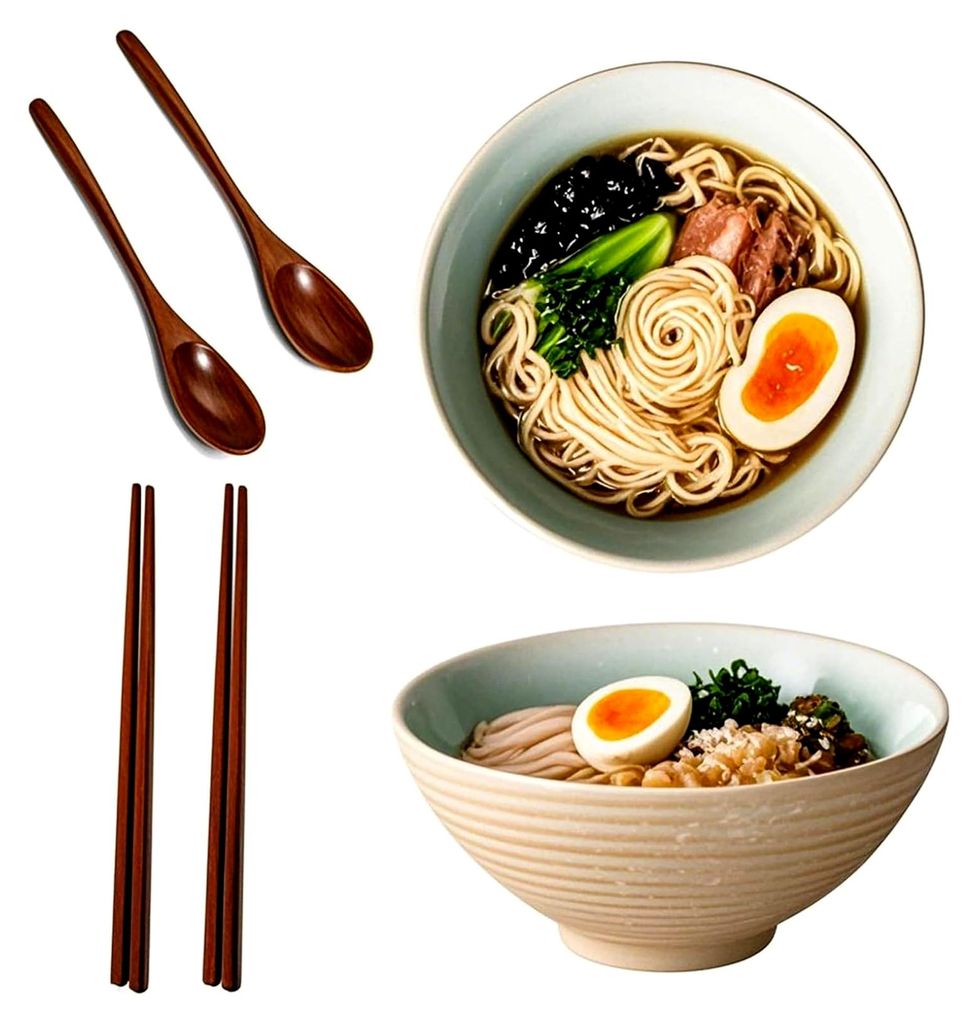2 Sets 1000 ml Ramen-Schalen mit Löffel und Essstäbchen, Keramik-Suppenschalen, japanische Schalen für Nudeln