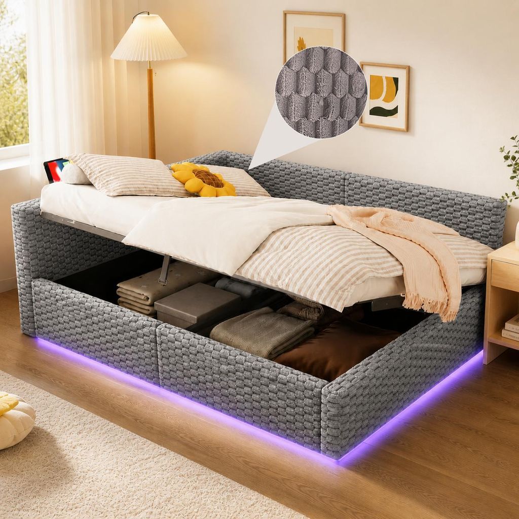 STILVORA Polsterbett 140x200 cm mit LED-Beleuchtung und USB-/Type-C-Anschlüssen, Stauraumbett mit hydraulischem Stauraum, Kinderbett mit L-förmig...