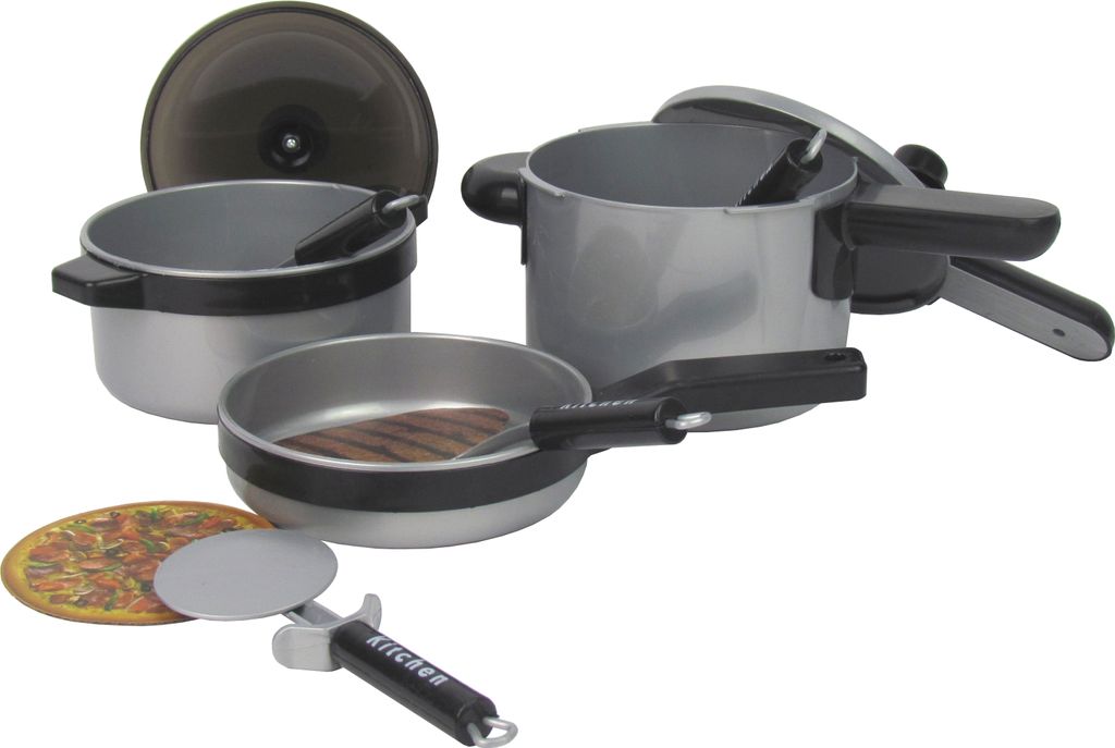 9-teiliges Kinderkochset – Küchenset für Kinder – 2 Töpfe inkl. Deckel, 1 Pfanne Küchen-Zubehör und Kochbesteck aus Kunststoff