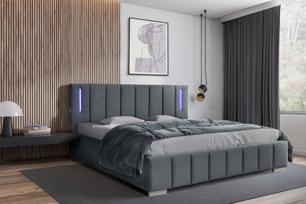 Polsterbett 140 x 200 cm mit Bettkasten und Matratze Lattenrost, Bonellmatratze H3, LED-Beleuchtung Velours Graphit Ankona