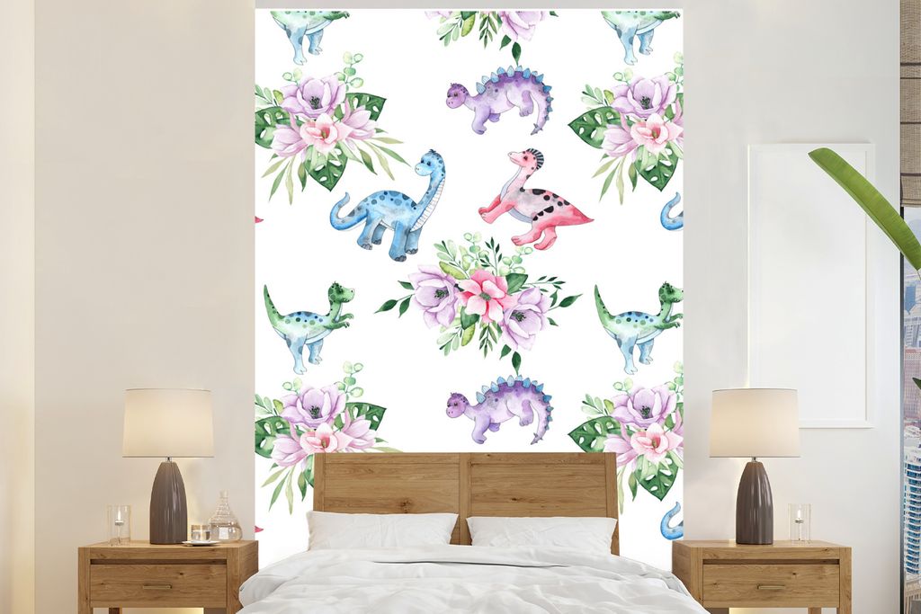 MuchoWow Fototapete für Wohnzimmer oder Schlafzimmer Wandtapete Vinyl Motivtapete Kinderzimmer - Farben - Dinosaurier - Kinder - Rosa - Kinder -...