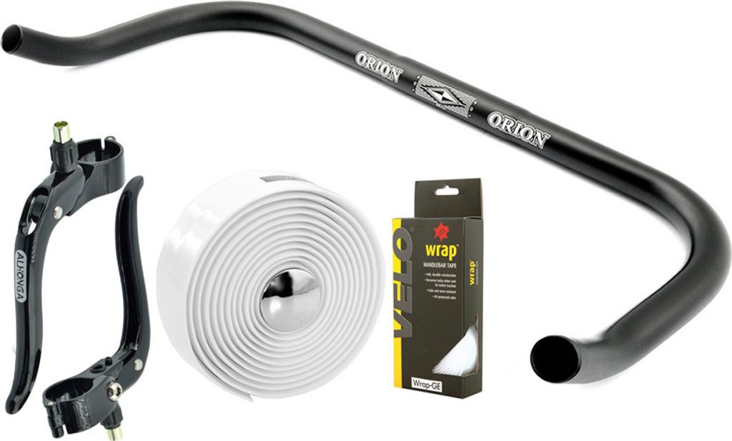 Bullhorn Fixie Singlespeed Lenker schwarz 400mm, Bremshebel, Lenkerband weiss