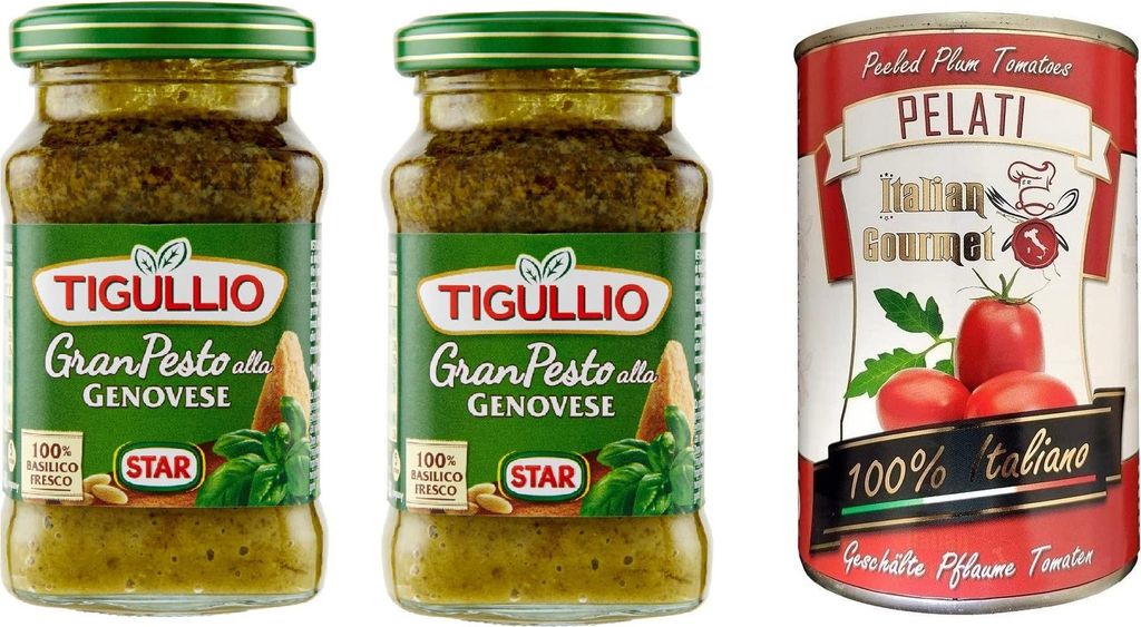 2x Star Tigullio GranPesto Pesto alla Genovese mit Basilikum 190 g Sauce Soße + 1x Italian Gourmet 100% italienische geschälte Tomaten dosen 400g