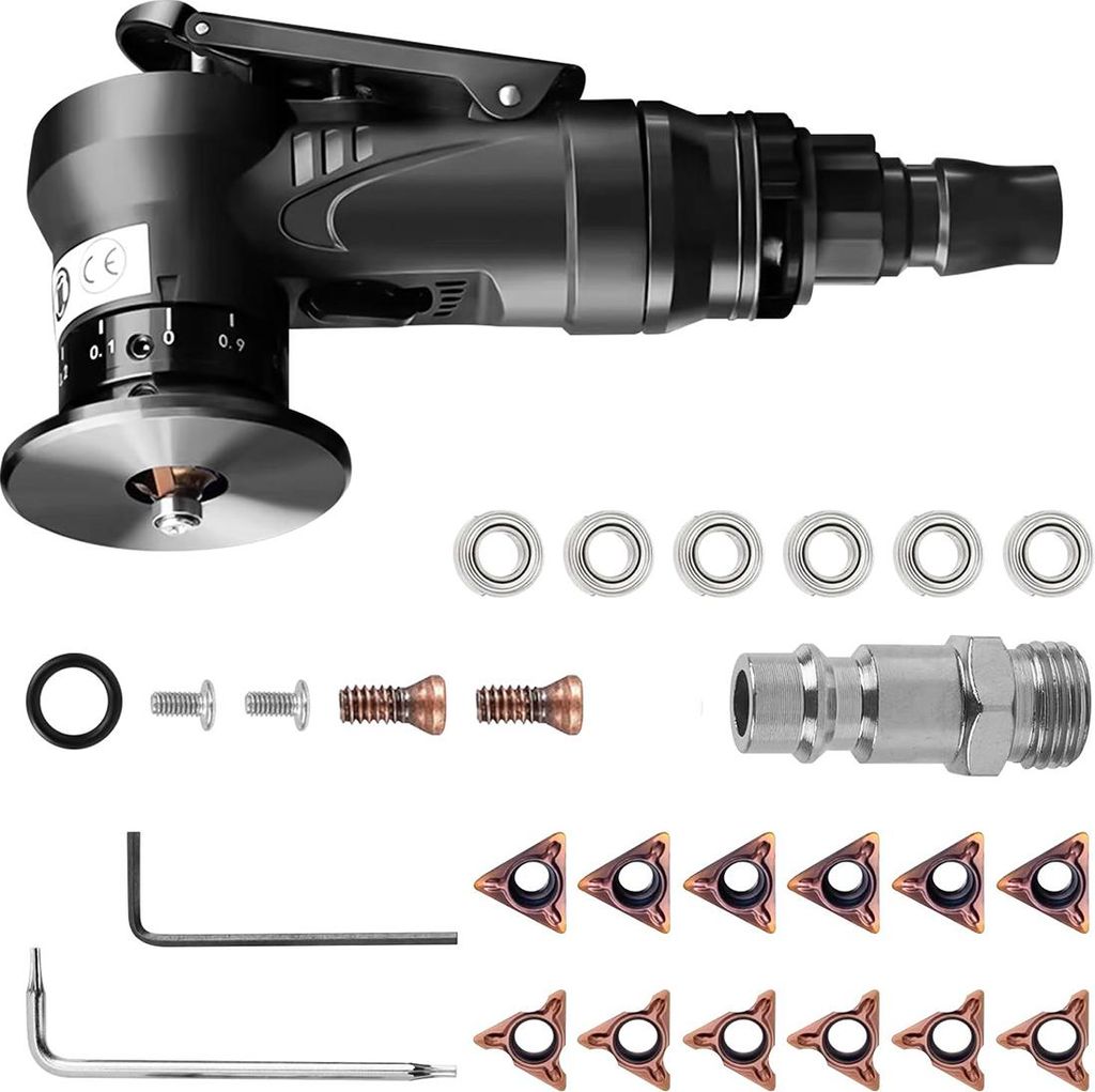 A pneumatic mini chamfering machine and its accessories are laid out on a white background.