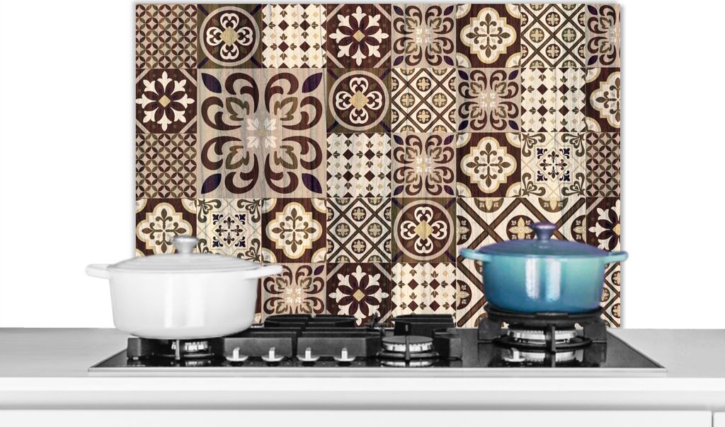 KitchenYeah Spritzschutz Küche - Küchenrückwand - Wandschutz für Herd und Spüle - Retro - Muster - Braun - Abstrakt 80x55 - Alu-Dibond (Alt...