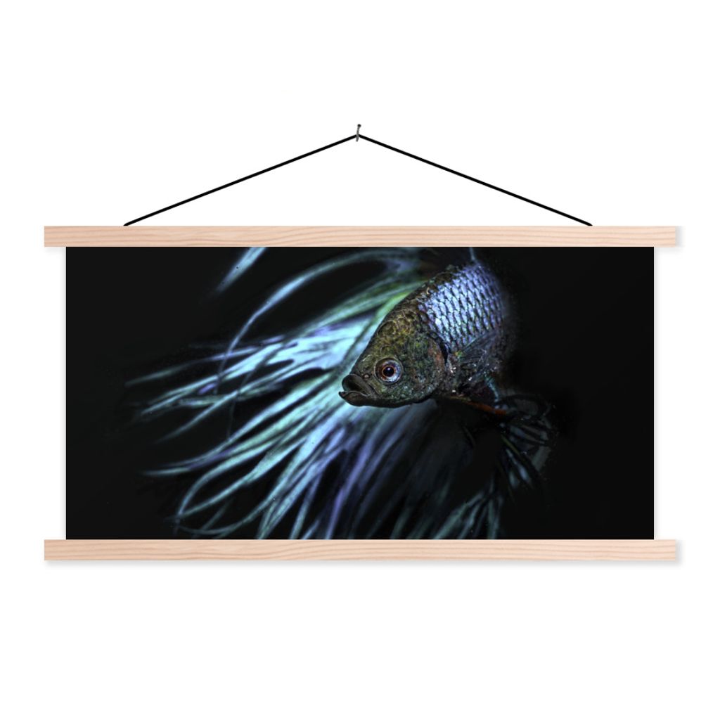 MuchoWow Textilposter Fisch - Schwanz - Schwarz 120x60 cm mit holzfarbenen Rahmen - Klemmleiste