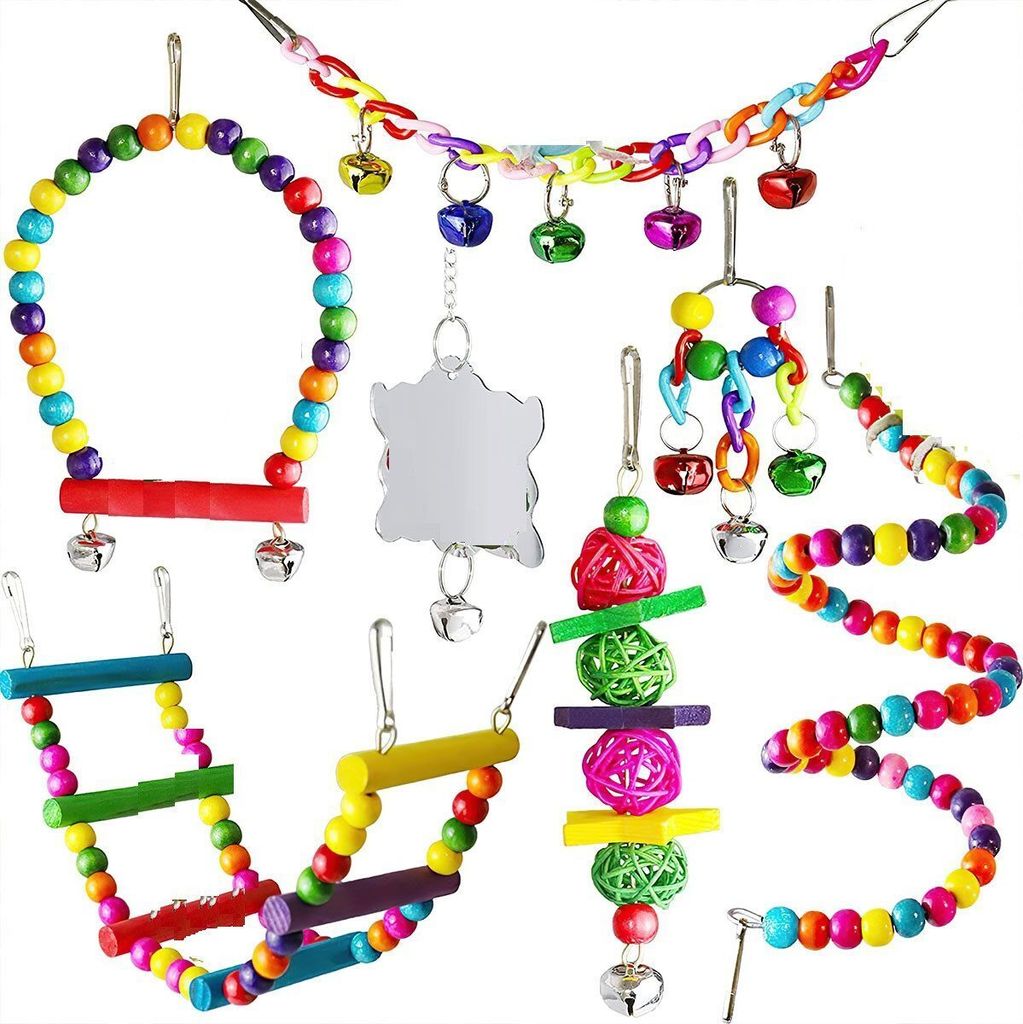 Vogelspielplatz 7-teiliges Wellensittich Spielzeug Set,Leiter,Spiegel,Schaukel,Glocken