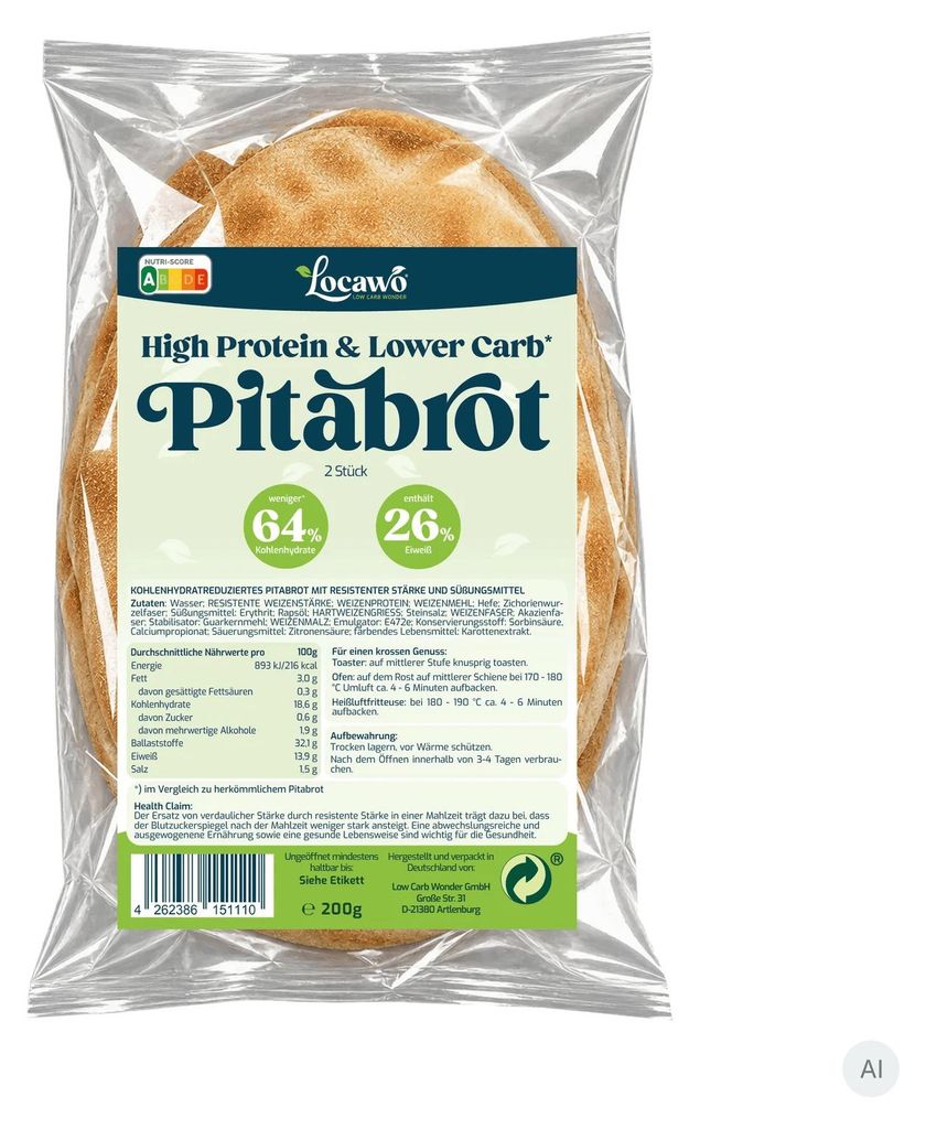 Locawo High Protein Low Carb Pitabrot | Dönerbrot 200g (2 x Produktbild 