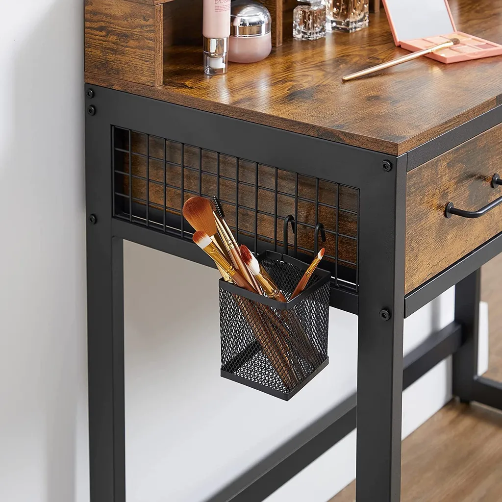 Coiffeuse Design Industriel Marron Rustique avec Grand Miroir et Assise - 4
