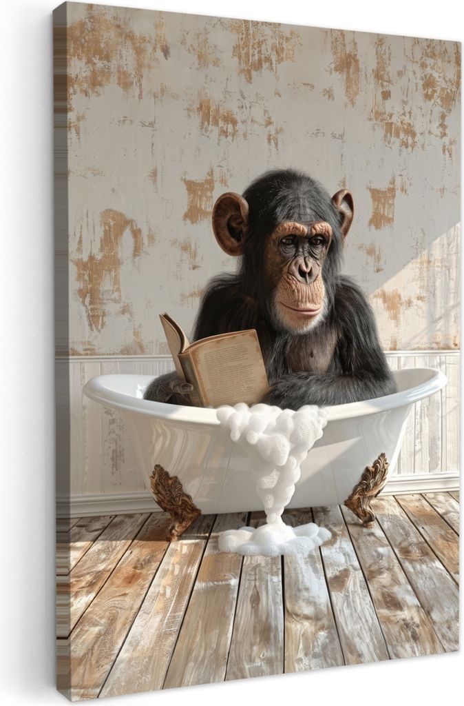 MuchoWow - Leinwandbilder - Vintage - Affe - Badewanne - Schaumstoff - Tier, Wandbild, Wanddeko Bilder Wohnzimmer, 20x30 cm