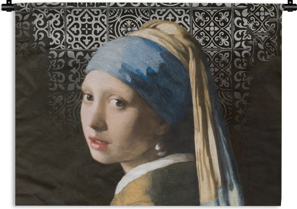 MuchoWow Wandteppich Wandbehang Kunst - Mädchen mit Perlenohrring - Schwarz - Weiß 120x90 cm Tapisserie Dekoration Wandtuch - Wohnen - Aufhäng...