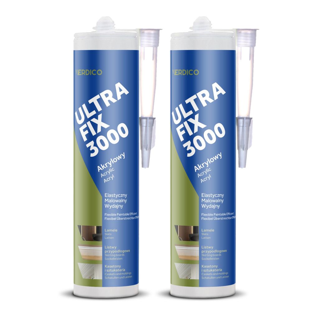 Verdico | Ultra Fix 3000 | Acryl Montagekleber 2x 280 ml | Flexibel und Überstreichbar | Für Sockelleisten, Paneele und Dekorleisten | Starke Haf...