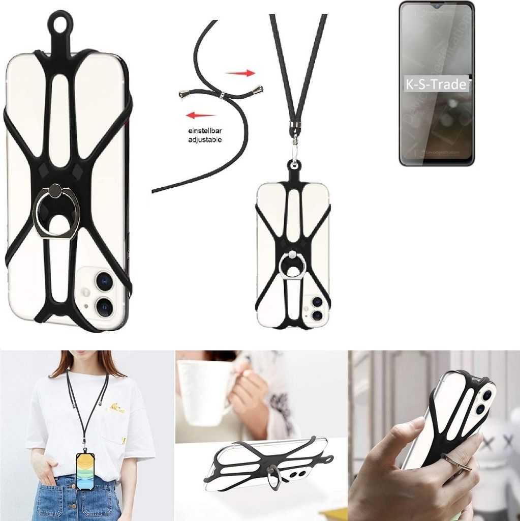K-S-Trade 3in1 Handykette Handyband Handykordel Halsband Smartphone-Ring Handy-Ring kompatibel mit Cubot Note 20 Fingerhalterung Handyring