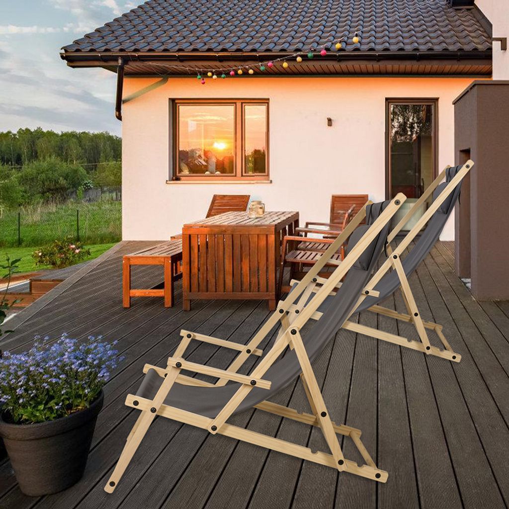 Liegestuhl Relaxliege Sonnenstuhl 120kg Chair Liege Gemühtlicher Klappbar Holz Grau 2 Stück