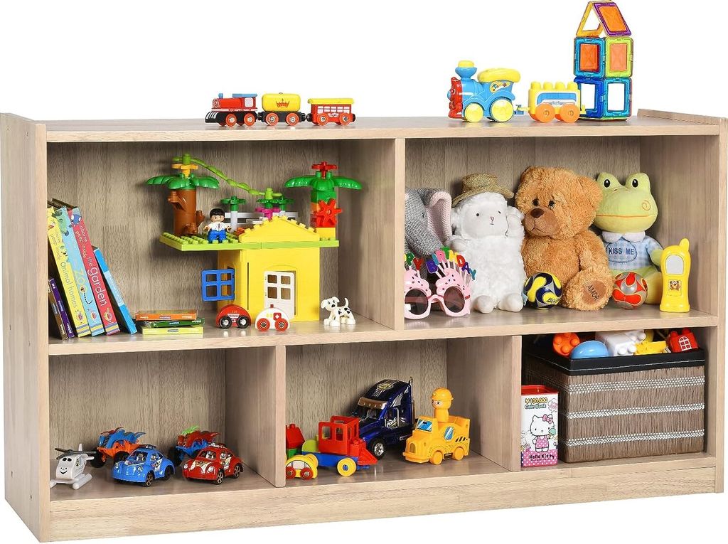 COSTWAY Kinder Spielzeugschrank Holz, Spielzeugregal mit 2 großen Fächern und 3 kleinen Fächern, offen, Kinderregal für Spielzeug, Puppen und B...