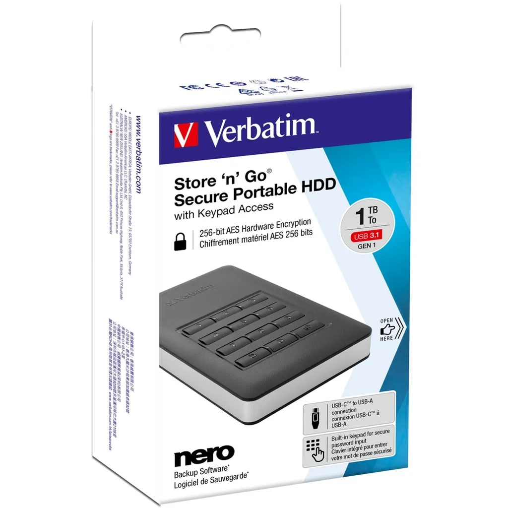 Hard Disk Verbatim 1TB Secure 53401: USB 3.1 e Keypad AES 256-bit - 22