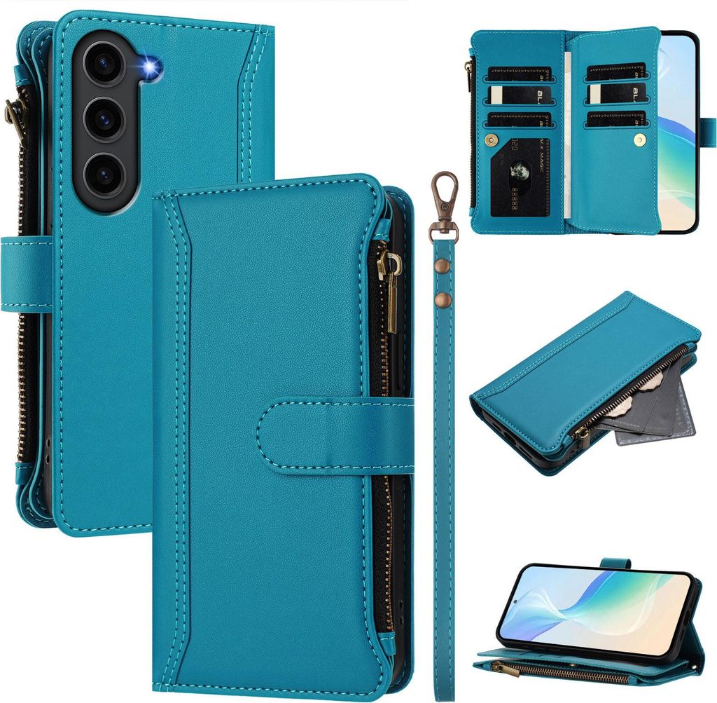 Handyhülle für Samsung Galaxy S23 FE Reißverschluss Geldbörse Kunstleder Klapphülle mit Kartensteckplatz, Ständer, Handschlaufe Blau