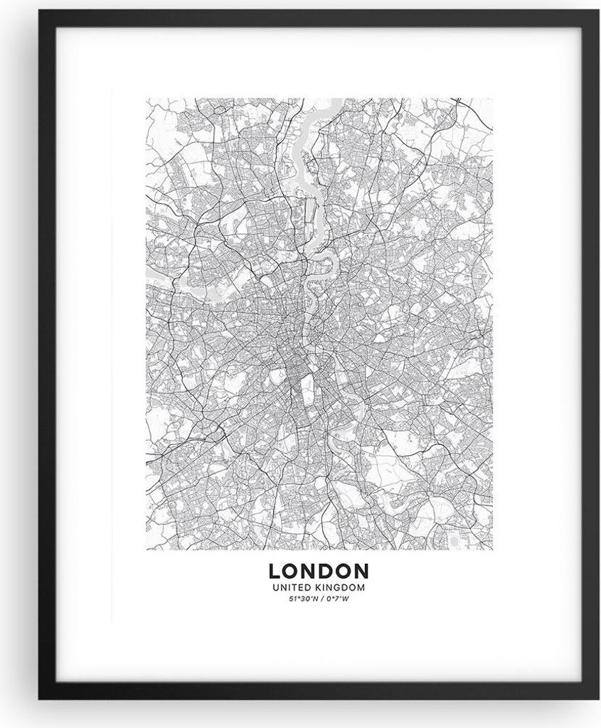 Gerahmtes Poster - Schwarzer Rahmen - Stadt Karte London - 40x50 cm - Wand Bild - Wanddeko - Wandbilder - Kunstposter - Wandposter - Bilderrahmen -...