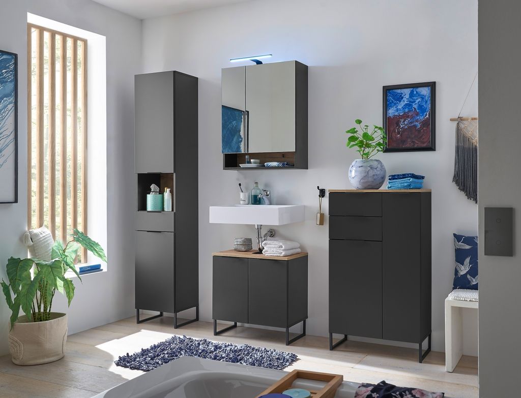 Badezimmer-Set >Denver< (4-tlg.) in schwarz / Evoke Eiche Nachbildung - 200x195x35 (BxHxT)