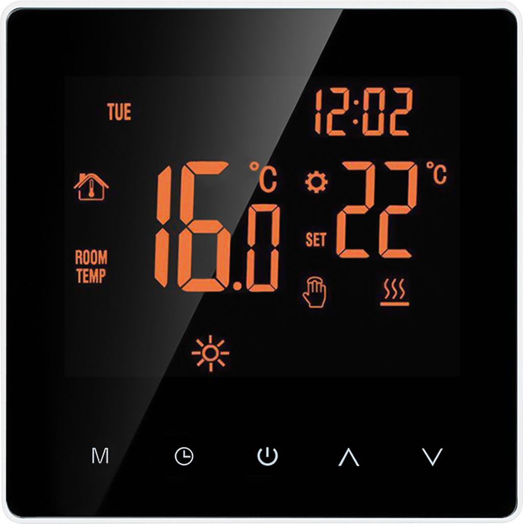 A digital thermostat display showing temperature, time, and settings.
