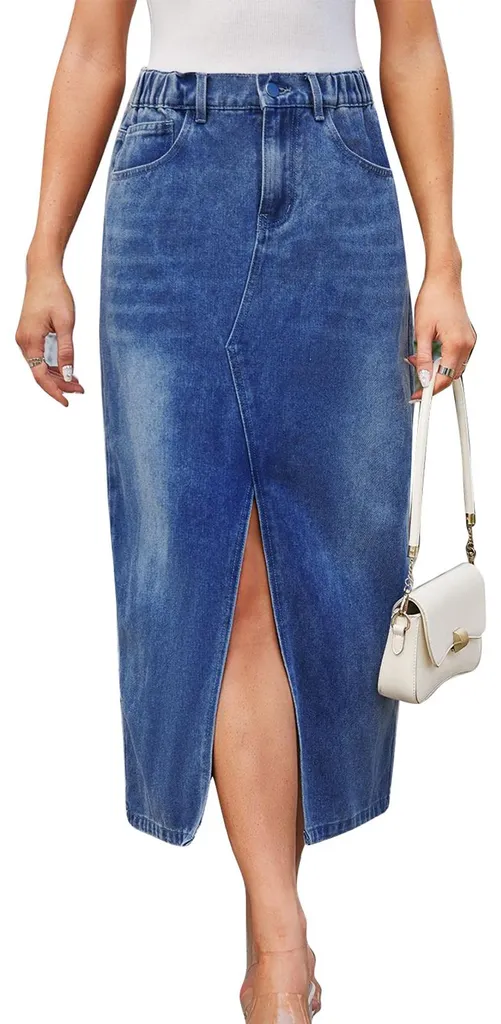 Jupe longue femme bleu foncé taille L avec fente avant et poches