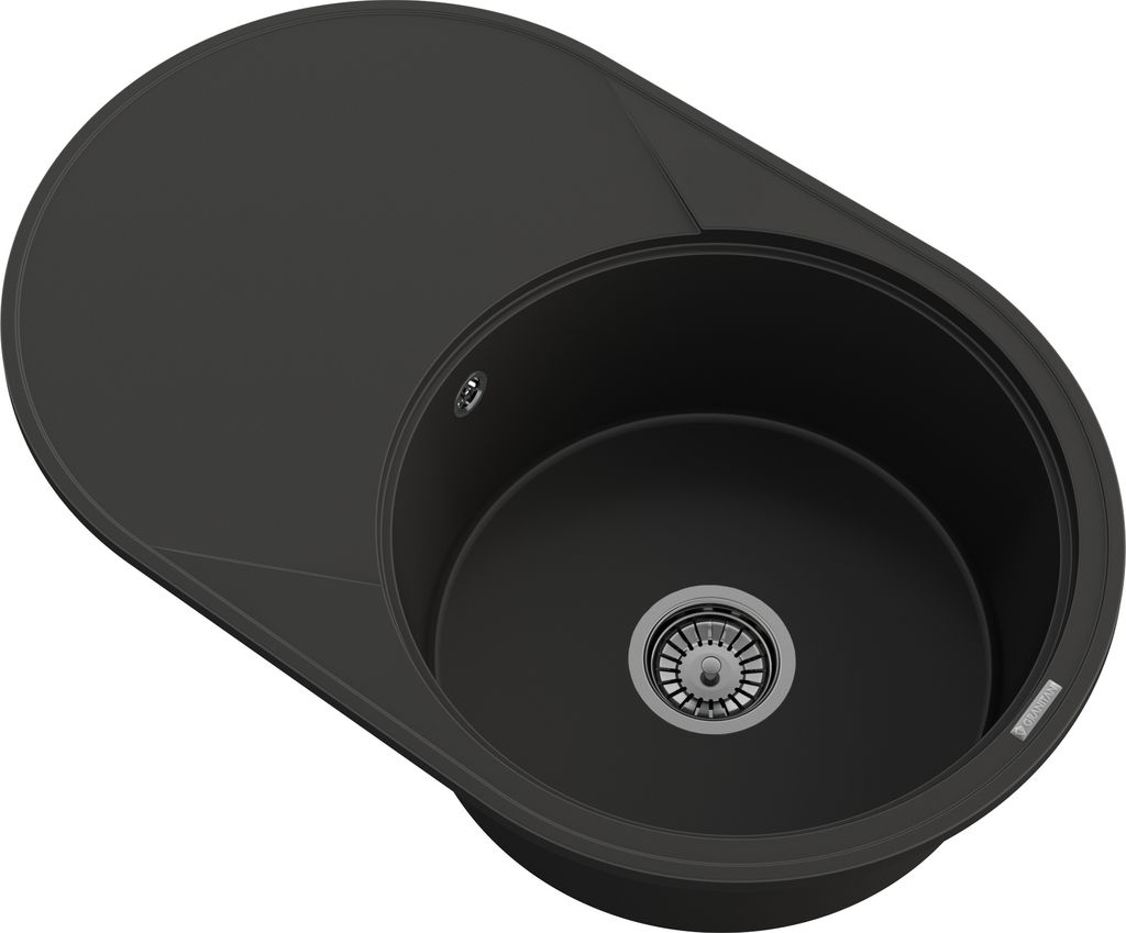 Granitan | Granitspüle SAVIO - 1-komm. rund - Schwarz Metallic - mit großem Abtropfbecken und Chrom-Siphon